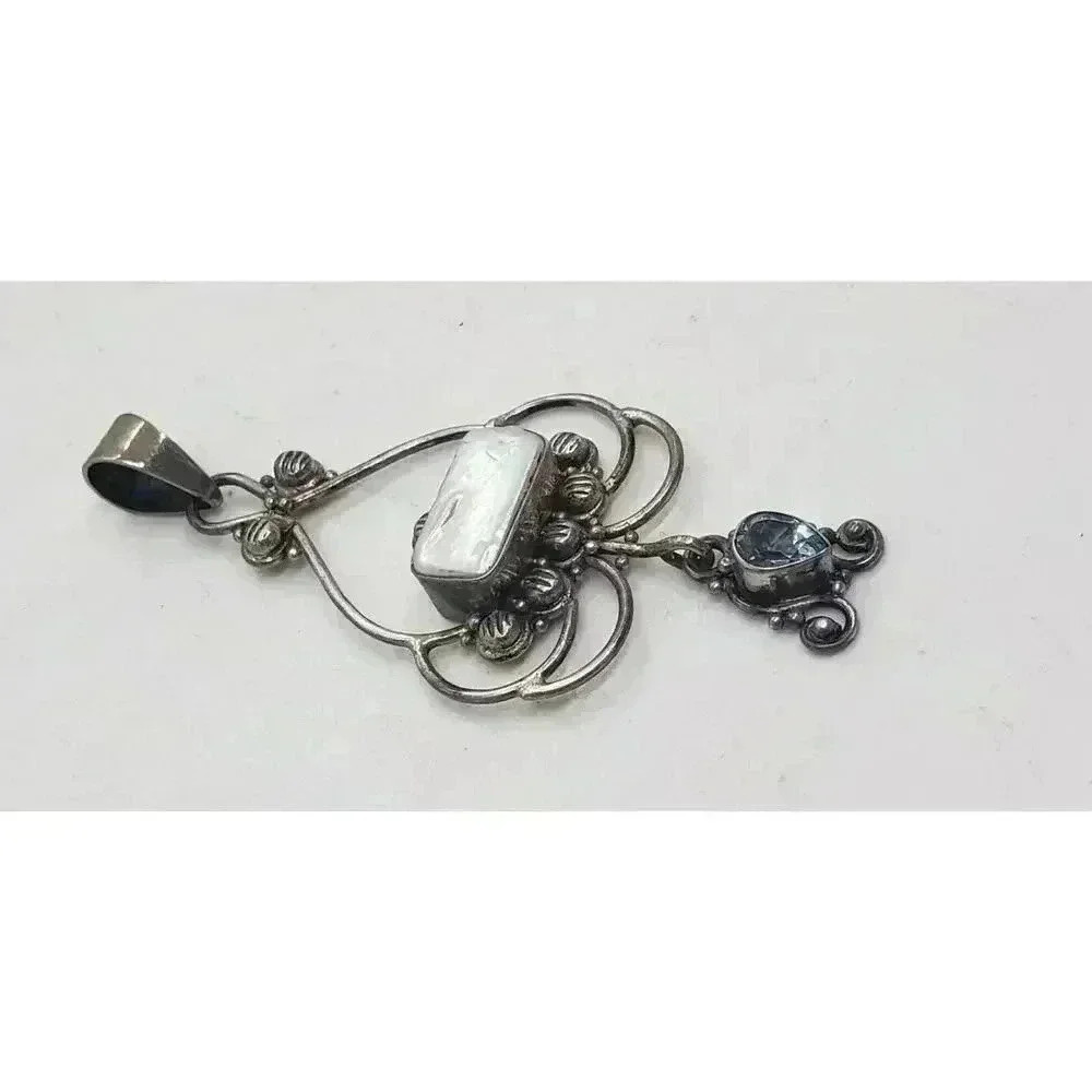 Vintage Pendant 925 Sterling Silver Genuine Pearl & Topaz Large Fancy - Picture 4 of 9
